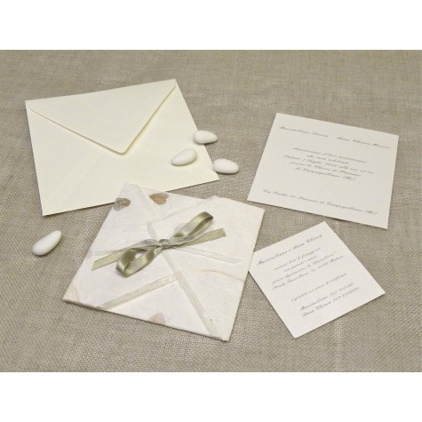 Wddings card paper leaf rubber, organza and satin ribbons. Interior silk paper.