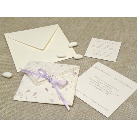 Wedding invitation origami in paper provence lilac, organza and satin ribbons. Interior silk paper. 
