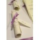 Partecipazione a papiro in carta provenza lilla, nastrini di organza e raso. Interno di carta seta