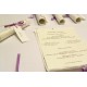 Partecipazione a papiro in carta provenza lilla, nastrini di organza e raso. Interno di carta seta