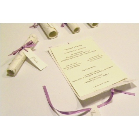 Wedding Invitation, papyrus paper purple provence, ribbons of organza and satin. silk paper inside
