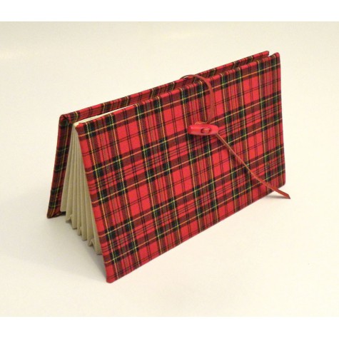 Document holder with compartments lined with tartan fabric closure leather lace and red frogging closed.